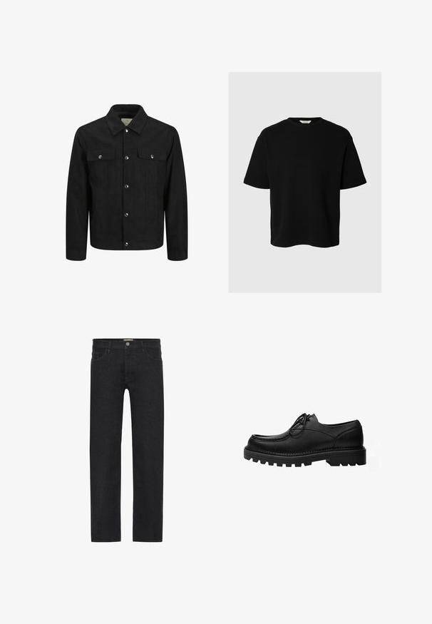 Sort jakke lavet af ruskind med krave, frontlukning med knapper, to brystlommer og sølvhardware detaljer.; Sort T-shirt med korte ærmer og rund hals med afslappet pasform og synlig stofstruktur mod en lys grå baggrund.; Sorte lige ben jeans lavet af denim, der har en knaplukning i taljen, fem lommer og et minimalistisk design uden synlige mønstre.; Sort læder snøresko med tyk, robust sål og detaljerede syninger på oversiden, designet til formelt eller afslappet brug.