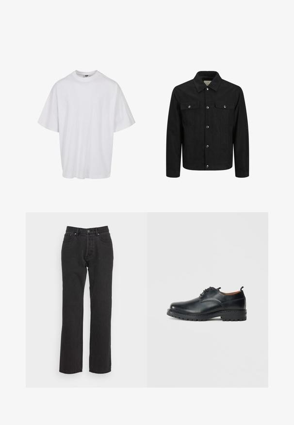 Veste noire en suede avec un col, fermeture à boutons sur le devant, deux poches poitrine et des accents en métal argenté.; T-shirt en coton blanc avec un col rond et des manches courtes, présentant une coupe ample et des détails de couture subtils.; Jean en denim noir avec une coupe droite, dotés d'une fermeture à bouton à l'avant, de passants de ceinture et de deux poches latérales. Tissu texturé.; Chaussures derby en cuir noir avec une texture lisse, bout rond, design à lacets et une semelle en caoutchouc épaisse et robuste.