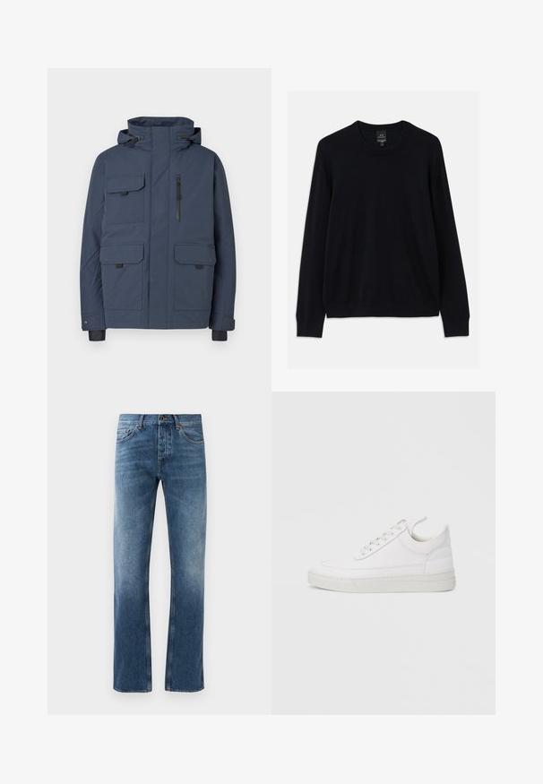 Navyblå vandtæt jakke med hætte, fire forlommer, lynlås foran og ribstrikkede manchetter; glat stof med struktureret design.; Sort langærmet sweater med rund hals, ribbede ærmer og kant. Lavet af blødt stof med en glat tekstur, uden mønstre eller detaljer.; Blå denim jeans med lige ben design, falmede vask, fem lommer og kontrastsyning. Knap- og lynlås-lukning i taljen.; Hvid lædersneaker med rundet tå, flad sål og snørebånd foran. Har syningsdetaljer og polstret krave for komfort.