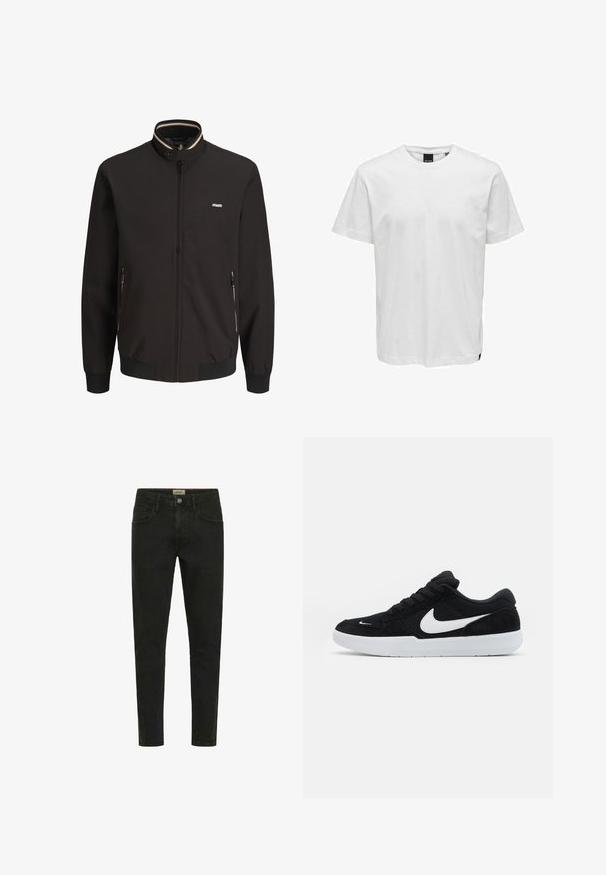Sort lynlåsjakke med ståkrave med stribet kant, to lynlåslommer i siden, elastiske ærmeafslutninger og kant samt et lille logo på brystet.; Hvid bomulds T-shirt med korte ærmer, rund halsudskæring, afslappet pasform og uden mønstre. Har et lille logo accent nær sømmen.; Sorte slim-fit jeans lavet af denim, med knaplukning, fem lommer og et rent, minimalistisk design.; Sorte ruskindssneakers med hvide accenter, der har en rund tå, tyk hvid sål og sorte snørebånd. Fremtrædende hvidt Nike-logo på siden.