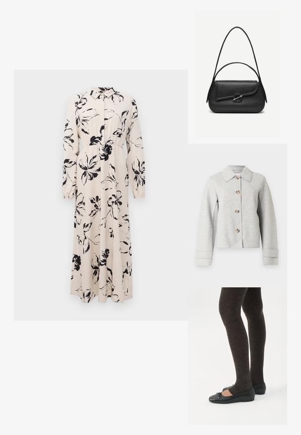 Veste gris en mélange de laine avec col pointu, quatre boutons et manches longues avec détails aux poignets. Design simple et structuré.; Robe longue beige avec imprimé floral noir, manches longues, taille froncée et col à boutonnière.; Jambes portant des leggings côtelés foncés associés à des ballerines noires avec de petits détails en nœud sur fond blanc.; Sac à main en cuir noir avec bords arrondis, rabat asymétrique, fermoir circulaire en métal, et des bandoulières courtes et longues.
