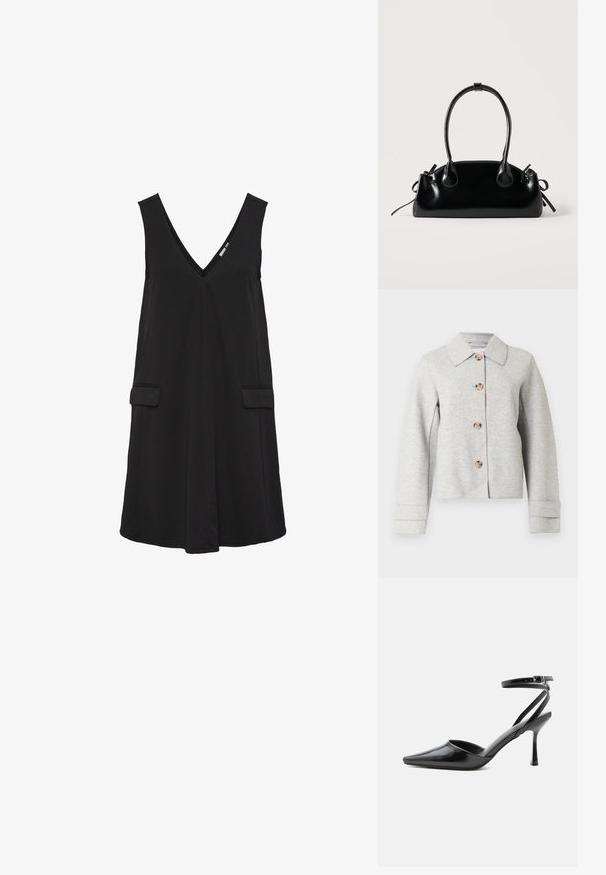 Graue Jacke aus Wollmischung mit spitzem Kragen, vier Knöpfen und langen Ärmeln mit Manschettenverzierung. Einfaches, strukturiertes Design.; Schwarzes, ärmelloses V-Ausschnittkleid mit vorderen Klappentaschen und A-Linien-Silhouette.; Schwarzer spitzer High Heel mit dünnen Knöchelriemen und silberner Schnalle auf einfachem hellem Hintergrund.; Kleine schwarze glänzende Handtasche mit zwei langen Griffen und seitlichen Kordelzug-Details vor einfachem hellem Hintergrund.