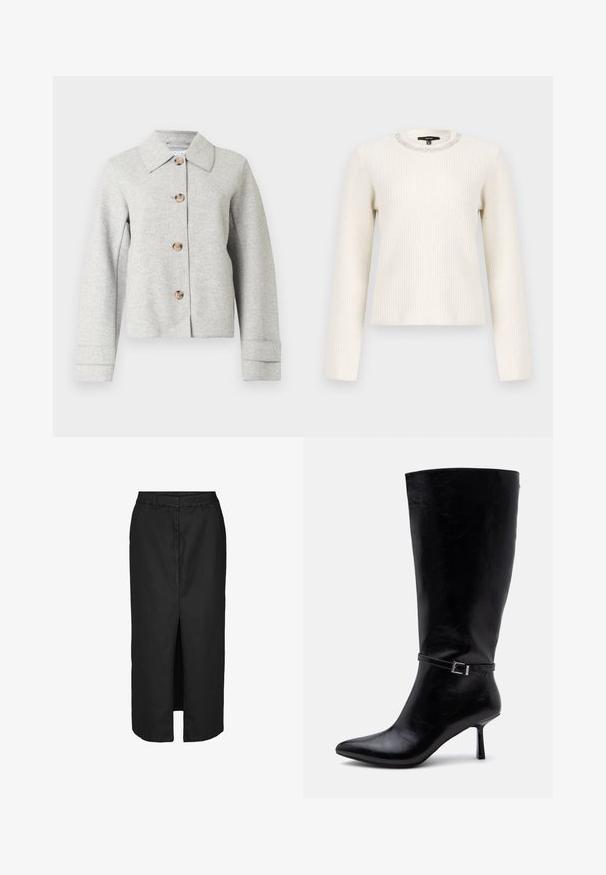 Veste gris en mélange de laine avec col pointu, quatre boutons et manches longues avec détails aux poignets. Design simple et structuré.; Pull blanc à côtes avec des manches longues et un col rond, présentant un accent en perles argentées au niveau du col. Texture douce et design ajusté.; Jupe midi noire avec une fente devant, réalisée en tissu léger. Elle présente une taille classique et de discrètes poches latérales.; Botte en cuir noire montant jusqu'au genou, avec un bout pointu, un talon moyen et fin et une fine bride de cheville avec boucle argentée sur fond uni.