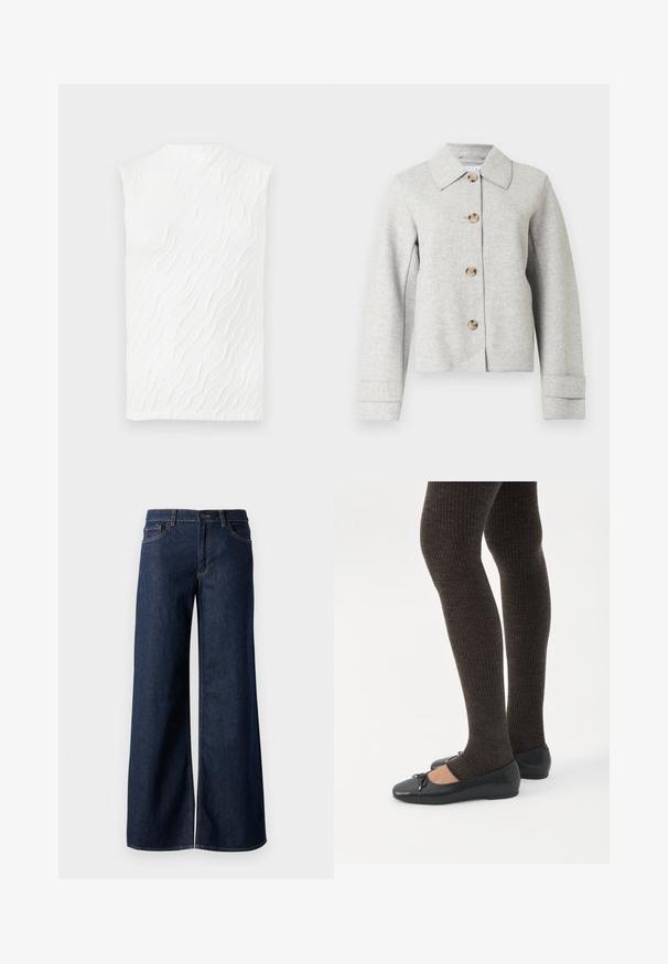 Chaqueta gris de mezcla de lana con cuello puntiagudo, cuatro botones y mangas largas con detalles en los puños. Diseño sencillo y estructurado.; Top sin mangas blanco con un patrón texturizado de olas, cuello alto y una silueta ligeramente ajustada. Tejido suave con una dimensión sutil.; Jeans de pierna ancha en denim azul oscuro. Presenta costuras en contraste, cinco bolsillos y un cierre de botón en la cintura. Textura suave.; Piernas con leggings oscuros acanalados combinados con bailarinas negras que presentan pequeños detalles de lazo sobre un fondo blanco.