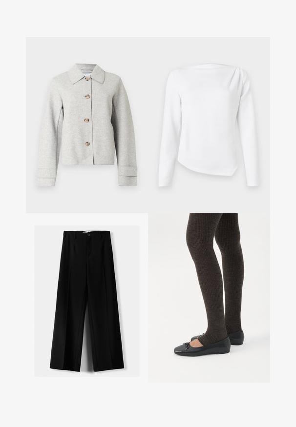 Grijze jas van een wolmix met een puntkraag, vier knopen en lange mouwen met manchetdetails. Eenvoudig, gestructureerd ontwerp.; Witte blouse met lange mouwen, boothals en licht asymmetrische zoom, getoond op een effen lichte achtergrond.; Zwarte broek met wijde pijpen, hoge taille, plooien aan de voorkant, riemlussen en een knoopsluiting, afgebeeld op een effen lichte achtergrond.; Benen met donkere geribbelde leggings gecombineerd met zwarte ballerina's met kleine strikdetails op een witte achtergrond.