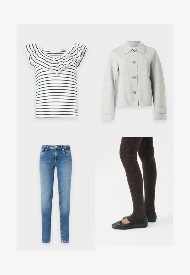Chaqueta gris de mezcla de lana con cuello puntiagudo, cuatro botones y mangas largas con detalles en los puños. Diseño sencillo y estructurado.; Top a rayas con escote con volantes, que presenta rayas marinas sobre un fondo blanco, fabricado en una tela suave con un diseño ajustado.; Pantalones vaqueros de denim azul con un diseño ajustado, estilo de cinco bolsillos y cierre de botón. La tela tiene una textura ligeramente desgastada.; Piernas con leggings oscuros acanalados combinados con bailarinas negras que presentan pequeños detalles de lazo sobre un fondo blanco.