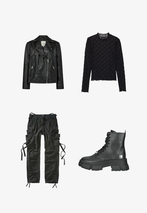 Schwarze Leder-Motorradjacke mit asymmetrischem Reißverschluss, zwei Reißverschlusstaschen an den Seiten und einem Reverskragen mit Druckknöpfen.; Schwarzes Langarmoberteil mit transparenter gerippter Struktur, versehen mit einem Rüschen-Mock-Neck und einem kurzen Saum.; Schwarze Cargo-Hosen aus leichtem Material, mit mehreren Taschen, Kordelzug seitlich und einem entspannten Schnitt mit verstärkten Nähten.; Schwarze Lederstiefeletten mit einer profilierten Plateausohle, runder Zehenpartie, Frontschnürung mit Metallösen und einem Ziehschlaufe an der Rückseite.