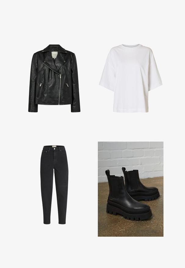 Schwarze Leder-Motorradjacke mit asymmetrischem Reißverschluss, zwei Reißverschlusstaschen an den Seiten und einem Reverskragen mit Druckknöpfen.; Weißes T-Shirt mit kurzem Ärmel, weitem Schnitt, eingesetzten Schultern und rundem Ausschnitt auf einfarbigem Hintergrund.; Schwarze Jeans mit hohem Bund, schmal zulaufendem Bein, vorderem Knopf- und Reißverschluss, Vorder- und Gesäßtaschen sowie Metallnieten-Details.; Schwarze Lederstiefeletten mit elastischen Seitenteilen, dicke schwarze Plateausohlen und gestickte Details, ausgestattet mit einer Zuglasche für einfaches Anziehen.