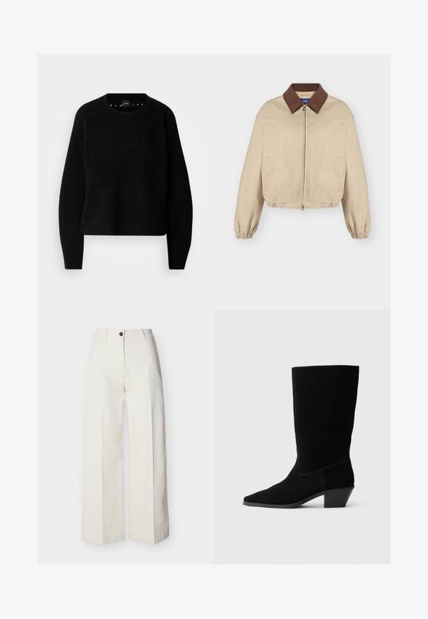 Beige lynlåslukket jakke med brun krave, lange elastiske manchetter, sidelommer og let opsamlet kant, vist på ensfarvet baggrund.; Sort strik sweater med rund hals og ribbet tekstur. Har subtil detaljering omkring halsudskæringen og lange, lige ærmer.; Højttaljede, brede ben cremefarvede bukser med bæltestropper, en enkelt knap og lynlåslukning, vist fladt mod en ensfarvet baggrund.; Sort ruskind ankelstøvle med spidse tæer, mellemhøj skaft og en chunky hæl. Fuldender et minimalistisk design med lidt syninger og en glat tekstur.
