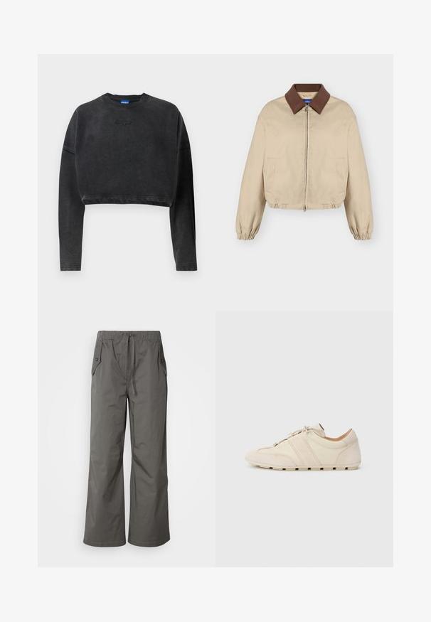 Beige lynlåslukket jakke med brun krave, lange elastiske manchetter, sidelommer og let opsamlet kant, vist på ensfarvet baggrund.; Afskåret sort sweatshirt i blødt stof, med ribbet halsudskæring og manchetter, samt et subtilt prægede logo på fronten.; Grå vide benbukser lavet af letvægtsstof, der har elastisk talje, snor og to sidelommer med knap-accenter.; Sneakers med overdel i cremefarvet læder og ruskind, der har to vandrette beige striber og en gummisål, rundet tå-design, snørelukning.