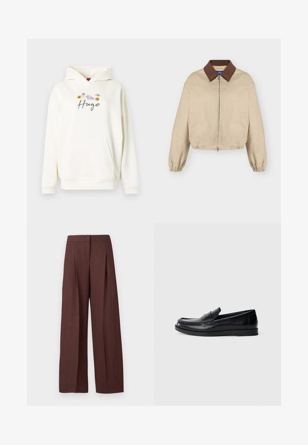 Veste beige à fermeture éclair avec col marron, manches longues élastiques, poches latérales et ourlet légèrement froncé, présentée sur fond uni.; Sweat à capuche crème avec une poche avant, arborant un motif floral et le texte "Hugo" en cursive, fabriqué en tissu doux.; Pantalon marron à jambes larges et taille haute avec plis devant et fermeture avant dissimulée, présenté sur fond blanc uni.; Mocassins en cuir noir avec un design d'accent cousu, bout rond, semelle plate en caoutchouc et finition lisse. Silhouette classique et polyvalente.