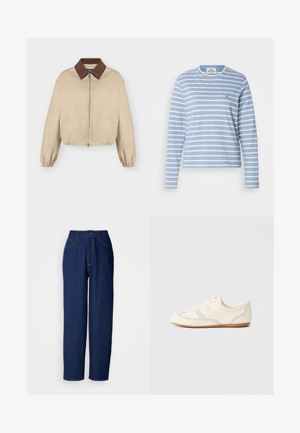 Beige lynlåslukket jakke med brun krave, lange elastiske manchetter, sidelommer og let opsamlet kant, vist på ensfarvet baggrund.; Langærmet stribet skjorte med en lys blå bund og hvide striber, rund hals, og et lille logo i marineblå på venstre bryst.; Mørkeblå denim bukser med vide ben og høj talje, prydet med orange syninger, forlommer og knaplukning. Glat tekstur med diskrete prikker.; Sneakers i cremefarve med overdel i ruskind og stof, rundet tå og gummisål med beige detaljer. Snørelukning.