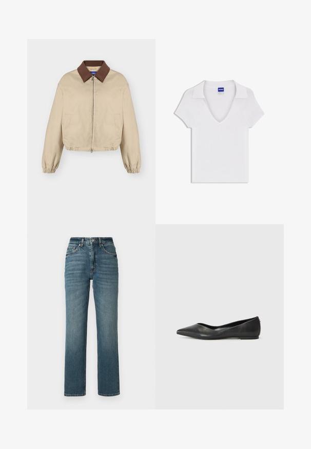 Beige jas met rits, bruine kraag, lange elastische manchetten, zakken aan de zijkant en licht geplooide zoom, weergegeven op een effen achtergrond.; Witte korte mouw shirt met V-hals en brede kraag, gemaakt van gestructureerde stof, met een blauwe "HUGO" label aan de binnenkant van de halslijn.; High-waisted jeans met rechte pijpen van blauwe denim, met subtiele vervaging, vijf zakken en een knoopsluiting.; Zwarte leren ballerina met een spitse neus, lage hak en een gladde structuur. Minimalistisch ontwerp met een subtiele zijaccent.