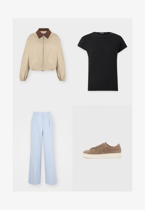 Chaqueta beige con cremallera, cuello marrón, puños largos elásticos, bolsillos laterales y dobladillo ligeramente fruncido, mostrada sobre un fondo liso.; Camiseta negra de manga corta y cuello redondo con un diseño sencillo y una pequeña etiqueta "DENIM" dentro del cuello.; Pantalones de pierna ancha en azul claro con una cintura alta, que presentan pliegues en la parte delantera, confeccionados en una tela suave y tejida. Sin herrajes visibles.; Zapatilla baja de gamuza marrón con cordones en la parte delantera, logo en relieve en el lateral y suela gruesa de goma blanca, vista desde el lado izquierdo.
