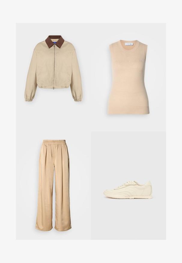Veste beige à fermeture éclair avec col marron, manches longues élastiques, poches latérales et ourlet légèrement froncé, présentée sur fond uni.; Haut sans manches beige en tricot avec une texture côtelée et une coupe ajustée. Présente un col rond et un petit logo brodé sur la poitrine.; Pantalon beige à jambes larges avec taille élastique et plis à l'avant, fabriqué en tissu lisse et brillant.; Baskets basses de couleur crème avec des coutures ondulées, une fermeture à lacets et une semelle crantée, vues de côté sur un fond uni.