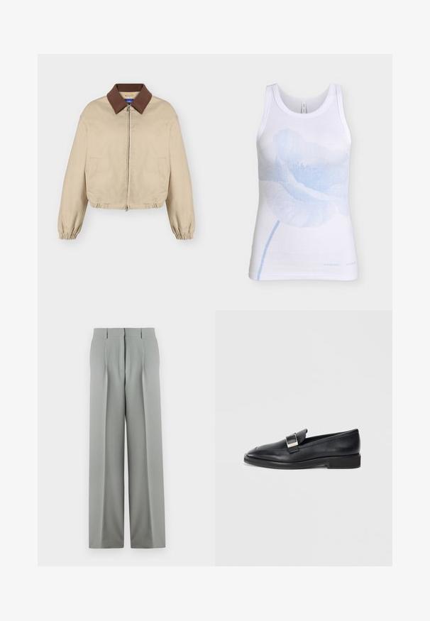 Beige jas met rits, bruine kraag, lange elastische manchetten, zakken aan de zijkant en licht geplooide zoom, weergegeven op een effen achtergrond.; Wit mouwloos geribd tanktop met een groot lichtblauw klaproosmotief middenvoor.; Lichtgrijze wijde trousers van soepel materiaal, met een hoge taille, geplooide voorkant en twee achterzakken met riemlussen.; Zwarte leren instapper met een zilveren rechthoekige gesp bovenop en een lage hak op een witte achtergrond.