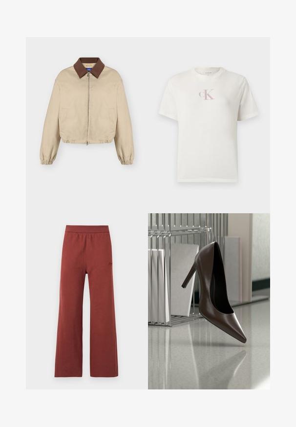 Veste beige à fermeture éclair avec col marron, manches longues élastiques, poches latérales et ourlet légèrement froncé, présentée sur fond uni.; T-shirt en coton blanc à manches courtes avec un petit logo "CK" rose pâle sur la poitrine et un col rond classique. Texture douce.; Pantalon ample couleur rouille avec taille élastique et détails discrets de coutures à l'avant et sur les côtés.; Chaussure en cuir marron foncé à talon haut flottant au-dessus d'un sol réfléchissant près d'une étagère métallique avec des panneaux blancs dans une pièce.