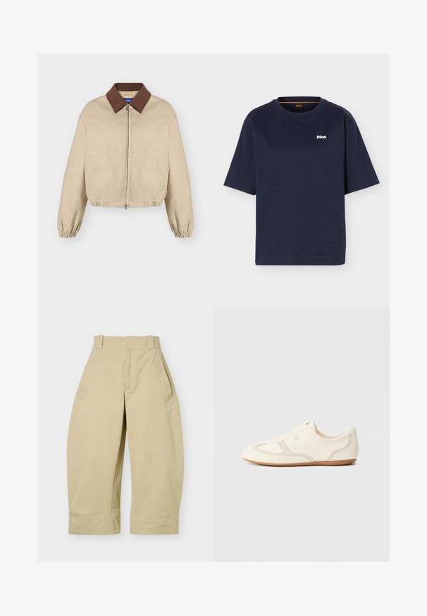 Veste beige à fermeture éclair avec col marron, manches longues élastiques, poches latérales et ourlet légèrement froncé, présentée sur fond uni.; T-shirt bleu marine à manches courtes avec col rond et petit logo blanc "BOSS" sur la poitrine gauche.; Pantalon beige taille haute, coupe large et courte, avec passants de ceinture, poches latérales et coutures apparentes aux ourlets.; Baskets couleur crème avec une tige en daim et tissu, un bout arrondi, et une semelle en caoutchouc avec un détail accent beige. Fermeture à lacets.