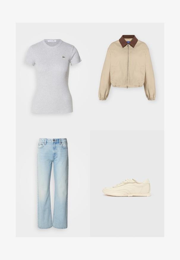 Beige Reißverschlussjacke mit braunem Kragen, langen elastischen Bündchen, Seitentaschen und leicht gerafftem Saum, auf einfachem Hintergrund dargestellt.; Hellgrau gefittetes T-Shirt mit kurzen Ärmeln und rundem Ausschnitt sowie einem kleinen grünen Lacoste-Krokodil-Logo auf der linken Brust.; Helle blaue weit geschnittene Jeans aus Denim, mit einem klassischen Fünf-Taschen-Design und einer dezenten, gewaschenen Textur. Die Denim-Nähte sind sichtbar.; Niedrig geschnittener, cremefarbener Sneaker mit wellenförmiger Naht, Schnürverschluss und einer profilierten Sohle, seitlich auf einem einfarbigen Hintergrund dargestellt.