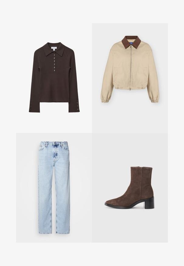 Veste beige à fermeture éclair avec col marron, manches longues élastiques, poches latérales et ourlet légèrement froncé, présentée sur fond uni.; Polo shirt à manches longues côtelé marron avec un col, patte de boutonnage à six boutons et accents de boutons sur les manches. Texture douce avec une silhouette ajustée.; Jeans large bleus clairs en denim, avec une taille haute, un lavage décoloré et un motif tie-dye subtil à l'avant.; Botte de cheville en suède marron avec un bout pointu et un talon bloc. Présente une texture lisse et un détail de logo sur le côté.