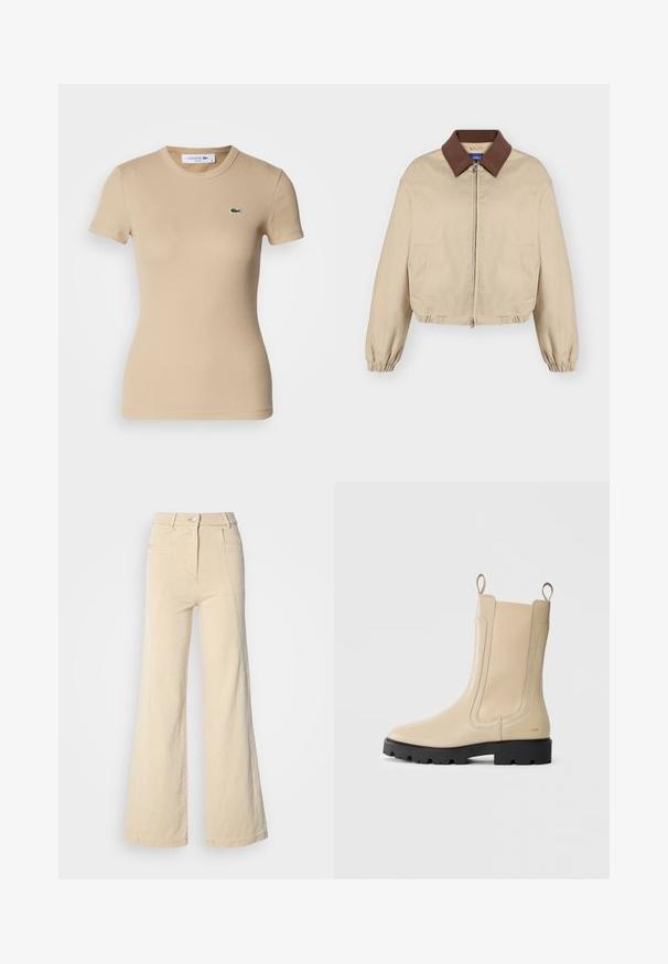 Beige lynlåslukket jakke med brun krave, lange elastiske manchetter, sidelommer og let opsamlet kant, vist på ensfarvet baggrund.; Beige ribbet bomulds t-shirt med korteærmer, rund halsudskæring, tætsiddende pasform og et lille grønt Lacoste logo på venstre bryst.; Beige vidde jeans med høj talje, forlommer og kontrasterende syninger, udstyret med en knaplukning og en glat bomuldsstruktur.; Beige læder Chelsea støvle med sort lug sål, elastiske sidepaneler, trækstropper og diskret guld branding på hælen.