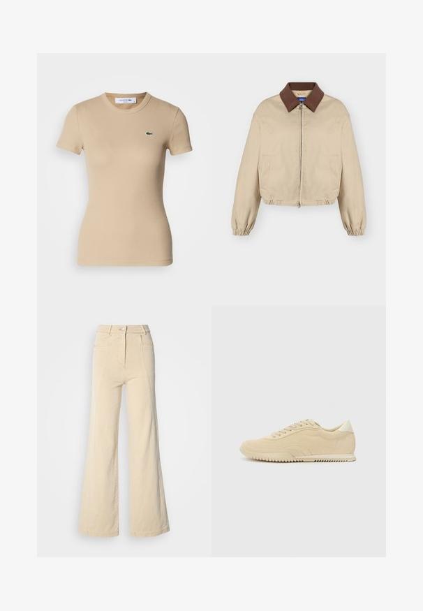 Veste beige à fermeture éclair avec col marron, manches longues élastiques, poches latérales et ourlet légèrement froncé, présentée sur fond uni.; T-shirt en coton côtelé beige à manches courtes, col rond, forme ajustée, avec un petit logo vert Lacoste sur la poitrine gauche.; Jeans beige à jambes larges avec taille haute, poches avant, et couture contrastée, dotés d'une fermeture à bouton et d'une texture en coton lisse.; Baskets en suede beige avec un design à lacets, dessus texturé, semelle en caoutchouc contrastante et un léger talon. Style minimaliste avec un branding subtil.
