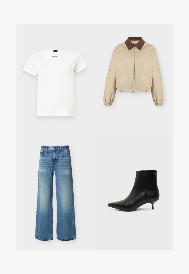 Veste beige à fermeture éclair avec col marron, manches longues élastiques, poches latérales et ourlet légèrement froncé, présentée sur fond uni.; T-shirt blanc à manches courtes avec col rond, design minimaliste, et logo "PINKO" centré sous l'encolure.; Jean large à jambes larges bleu clair avec bouton et fermeture éclair à l'avant, poches avant et arrière, et une subtile décoloration sur les cuisses et les genoux.; Bottine en cuir noir avec bout pointu et petit talon kitten sur fond clair, vue côté extérieur.