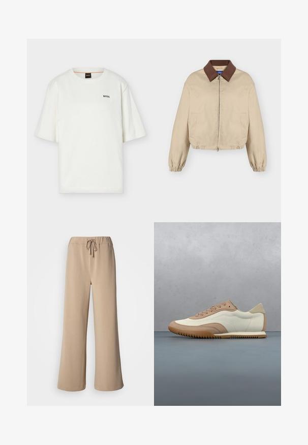 Veste beige à fermeture éclair avec col marron, manches longues élastiques, poches latérales et ourlet légèrement froncé, présentée sur fond uni.; T-shirt blanc à manches courtes et col rond avec petit logo noir "BOSS" sur le côté gauche de la poitrine et étiquette noire à l'intérieur du col.; Pantalon beige à jambes larges avec une ceinture élastique et un cordon de serrage. Confectionné dans un tissu doux à la texture lisse, avec un ourlet surpiqué.; Baskets crème et beige avec une tige texturée, des lacets et une semelle en caoutchouc, présentées au-dessus d'une surface en bois avec des cailloux.