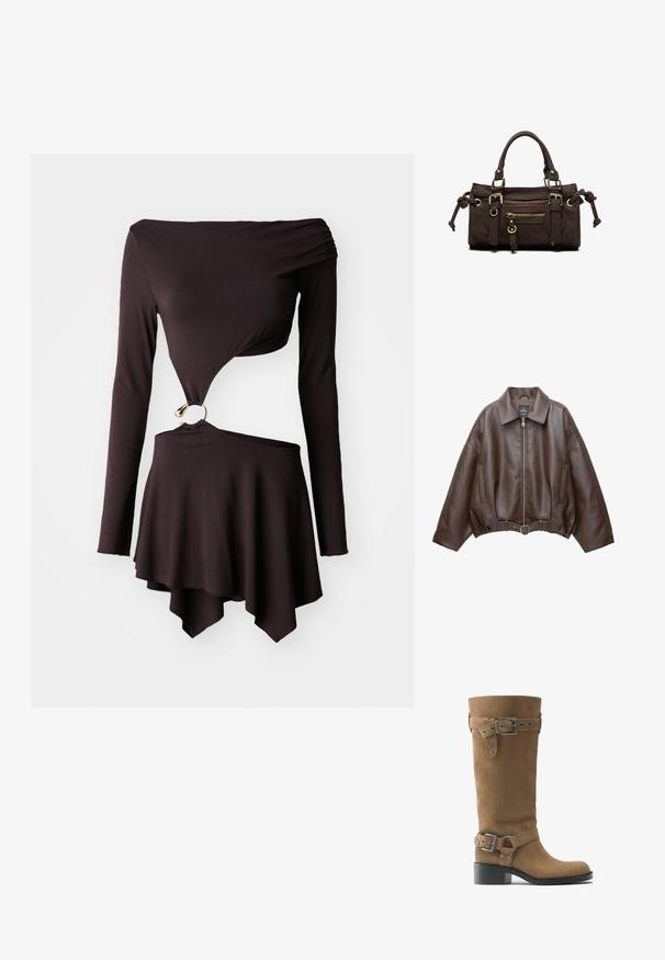 Veste courte en similicuir marron avec un large col, une fermeture éclair frontale, des poches latérales et une taille ceinturée. Texture lisse, coupe décontractée.; Haut noir à manches longues avec un ourlet asymétrique, présentant un design torsadé et un détail en métal doré circulaire à la taille. Matière douce et extensible.; Botte haute en daim marron avec deux boucles et lanières argentées réglables, bout rond et talon bloc noir bas.; Sac à main en cuir marron foncé avec double poignée, poche avant zippée, boucles décoratives et nœuds latéraux sur fond blanc.