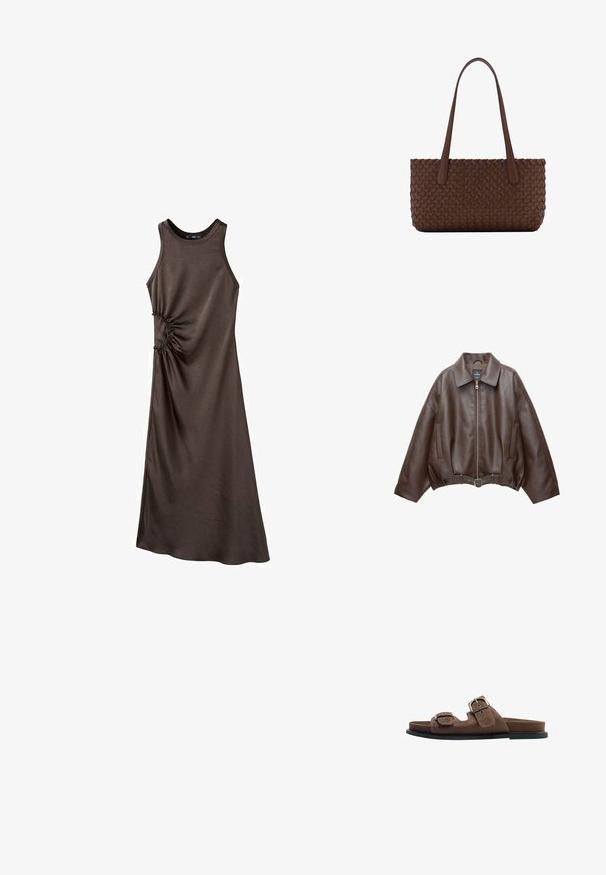Veste courte en similicuir marron avec un large col, une fermeture éclair frontale, des poches latérales et une taille ceinturée. Texture lisse, coupe décontractée.; Robe marron sans manches en tissu lisse avec un détail froncé sur le côté, présentant une silhouette longue et droite ainsi qu'un col rond.; Sandale mule en daim marron avec deux brides réglables à boucle et une semelle plate noire, vue de côté sur fond blanc.; Sac à main en cuir marron avec un motif tissé, avec deux longues anses fines pour un port à l'épaule.