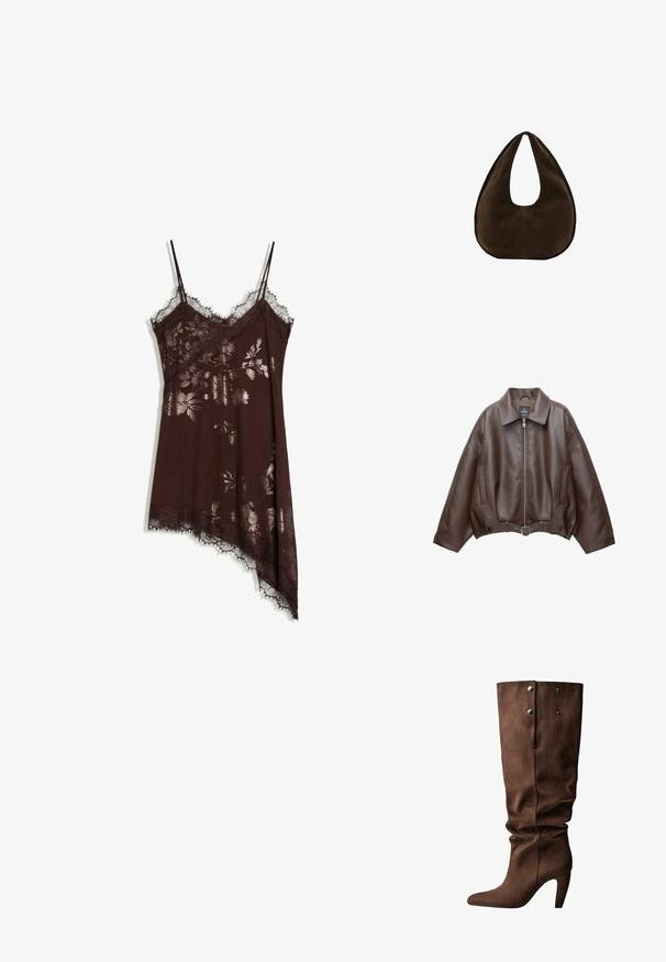 Veste courte en similicuir marron avec un large col, une fermeture éclair frontale, des poches latérales et une taille ceinturée. Texture lisse, coupe décontractée.; Robe nuisette en soie brun foncé avec imprimé floral métallique, bordure en dentelle, fines bretelles et ourlet asymétrique sur fond blanc.; Bottine en suede marron, montant jusqu'au genou, avec un bout pointu et un talon fin. Présente deux boutons-pression argentés et un design de haut froncé.; Sac à main en daim marron foncé en forme de croissant avec une seule sangle large et une texture lisse sur fond blanc.