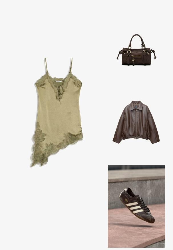Veste courte en similicuir marron avec un large col, une fermeture éclair frontale, des poches latérales et une taille ceinturée. Texture lisse, coupe décontractée.; Robe nuisette en satin vert olive avec bordure en dentelle, bretelles spaghetti, col en V, lien à l'avant et ourlet asymétrique.; Baskets en cuir marron avec trois bandes blanches, surface texturée, design à lacets et semelle en caoutchouc marron. Logo embossé sur le côté.; Sac à main en cuir marron foncé avec double poignée, poche avant zippée, boucles décoratives et nœuds latéraux sur fond blanc.