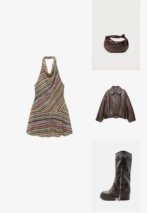 Veste courte en similicuir marron avec un large col, une fermeture éclair frontale, des poches latérales et une taille ceinturée. Texture lisse, coupe décontractée.; Robe sans manches à col licou avec des rayures diagonales et horizontales multicolores dans des tons de jaune, vert, rouge, marron et blanc sur un tissu transparent.; Botte haute en cuir marron foncé avec semelle épaisse, fermeture éclair latérale et bride à la cheville avec boucle argentée, présentée sur fond blanc.; Sac bandoulière en cuir marron foncé avec une forme souple et décontractée et une anse nouée torsadée sur un fond blanc uni.
