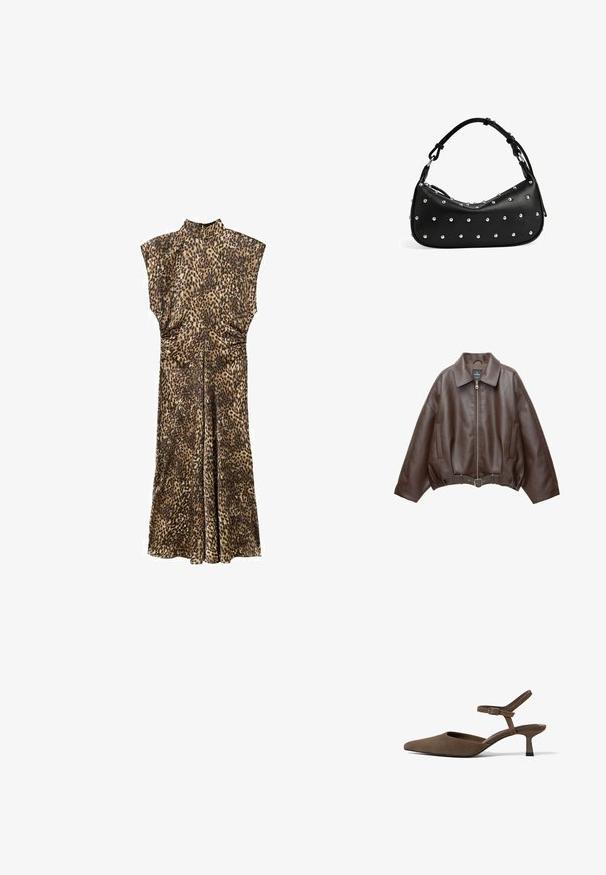 Veste courte en similicuir marron avec un large col, une fermeture éclair frontale, des poches latérales et une taille ceinturée. Texture lisse, coupe décontractée.; Robe longue sans manches avec un col haut et un motif léopard, dotée de petites fronces à la taille pour mettre en valeur la silhouette.; Escarpin slingback en daim marron à bout pointu, talon bas kitten et bride ajustable à la cheville, photographié sur fond blanc.; Sac à bandoulière en cuir noir avec une forme courbée, orné de clous en argent sur le devant et d'une finition texturée. Dispose d'une poignée unique.