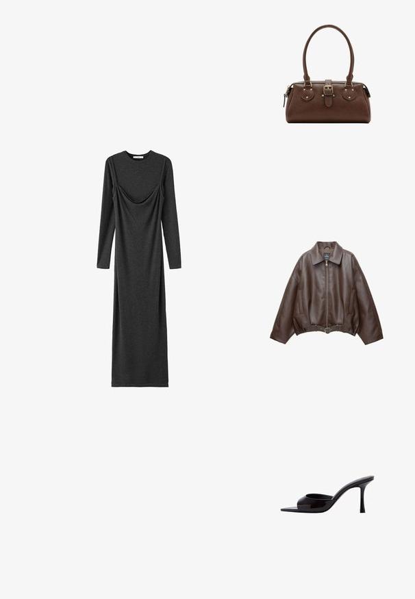 Veste courte en similicuir marron avec un large col, une fermeture éclair frontale, des poches latérales et une taille ceinturée. Texture lisse, coupe décontractée.; Robe longue gris foncé en tissu doux ; comprend des manches longues, un col rond et un détail drapé à l'avant.; Mules à talons hauts en cuir verni noir avec un bout carré et un design ouvert. Le talon est élancé et présente une finition brillante.; Sac à main en cuir marron avec deux poignées, une sangle centrale à boucle et des ferrures dorées, présenté sur fond blanc.