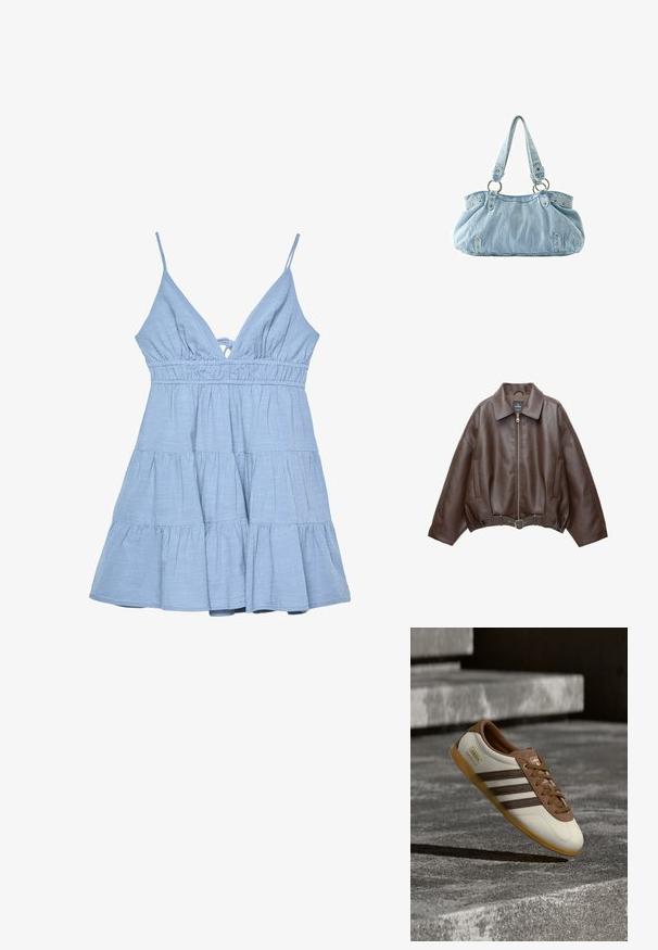 Veste courte en similicuir marron avec un large col, une fermeture éclair frontale, des poches latérales et une taille ceinturée. Texture lisse, coupe décontractée.; Robe sans manches bleu clair avec un décolleté en V, un corsage froncé et une jupe à volants. Fabriquée en tissu texturé avec des bretelles ajustables.; Baskets Adidas Gazelle blanches et marron avec semelle gomme flottant au-dessus de marches en pierre et du sol dans un environnement extérieur.; Sac à main en denim bleu clair avec deux bretelles attachées à des anneaux métalliques et des rivets décoratifs à l'avant et sur les côtés.
