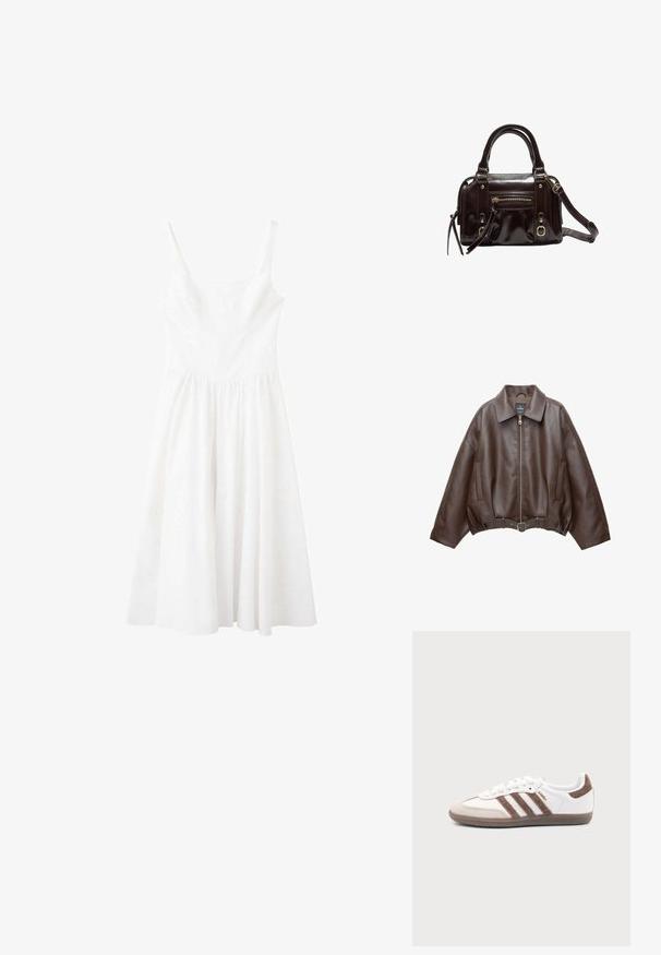 Veste courte en similicuir marron avec un large col, une fermeture éclair frontale, des poches latérales et une taille ceinturée. Texture lisse, coupe décontractée.; Robe blanche sans manches avec un décolleté carré et une taille froncée, dotée d'une jupe fluide mi-longue.; Baskets Adidas Samba blanches avec des bandes en daim marron, semelle en caoutchouc marron et bout en daim beige, vues du côté extérieur sur un fond uni.; Sac à main en cuir verni marron avec double poignées, bandoulière amovible, poche zippée à l'avant et accents en métal doré.