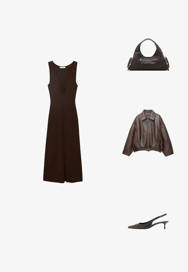 Veste courte en similicuir marron avec un large col, une fermeture éclair frontale, des poches latérales et une taille ceinturée. Texture lisse, coupe décontractée.; Robe sans manches marron avec un décolleté en V, détails à nouer à l'avant et une silhouette fluide, fabriquée à partir d'un tissu lisse.; Chaussure slingback en cuir noir à bout pointu, petit talon kitten et petite bride réglable avec boucle.; Sac à main en cuir noir avec une poignée supérieure arrondie, deux poches latérales zippées et une texture lisse. Design légèrement souple.