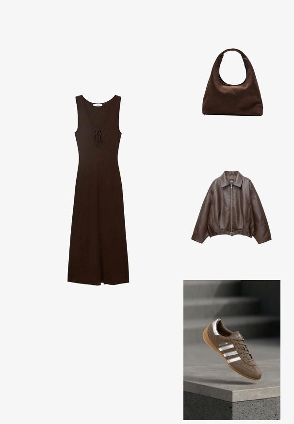 Veste courte en similicuir marron avec un large col, une fermeture éclair frontale, des poches latérales et une taille ceinturée. Texture lisse, coupe décontractée.; Robe sans manches marron avec un décolleté en V, détails à nouer à l'avant et une silhouette fluide, fabriquée à partir d'un tissu lisse.; Baskets en daim marron avec des rayures blanches et des accents argentés, dotées d'une tige texturée, d'un système de laçage et d'une semelle en caoutchouc gomme.; Sac à main en toile marron doux de style hobo avec une large sangle unique et une ouverture en haut arrondie, présenté sur un fond blanc.