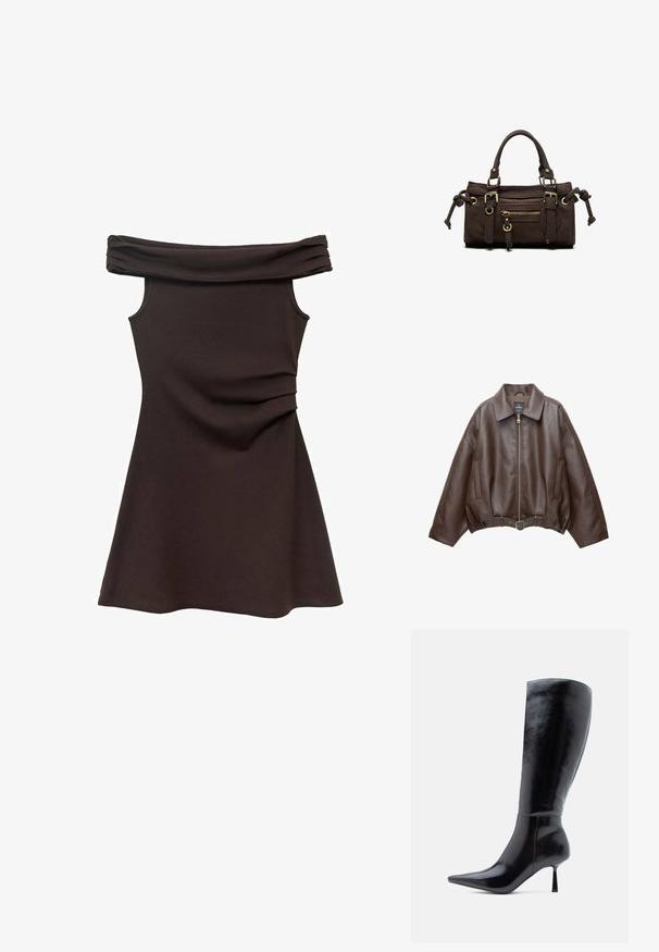 Veste courte en similicuir marron avec un large col, une fermeture éclair frontale, des poches latérales et une taille ceinturée. Texture lisse, coupe décontractée.; Robe marron décolletée, avec un corsage ajusté, en tissu doux, et des détails froncés à la taille, s'évasant en une jupe style patineuse.; Bottes noires à talons aiguilles montantes, avec une finition en cuir brillant, un bout pointu et un talon effilé, présentant une surface lisse et un design élégant.; Sac à main en cuir marron foncé avec double poignée, poche avant zippée, boucles décoratives et nœuds latéraux sur fond blanc.