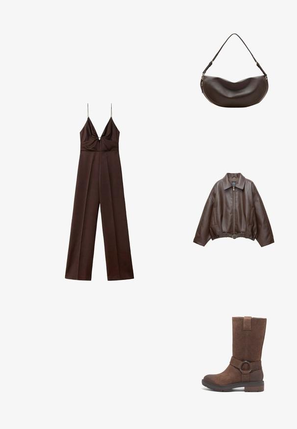 Brun kort jakke i imiteret læder med bred krave, lynlås foran, sidelommer og bælte i taljen. Glat tekstur, afslappet pasform.; Mørkebrunt jumpsuit med vide ben, tynde spaghetti-stropper og en dyb V-halsudskæring med rynkede detaljer ved brystet.; Brune ruskind støvle i høj model med en rund tå, flad hæl og et dekorativt bånd med et cirkulært metalring-tilbehør.; Mørkebrun skuldertaske i læder med buet form, justerbar rem og guldfarvet lynlås langs den nederste kant.