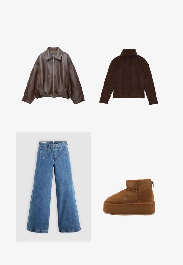 Veste courte en similicuir marron avec un large col, une fermeture éclair frontale, des poches latérales et une taille ceinturée. Texture lisse, coupe décontractée.; Pull en maille côtelée marron à col roulé, avec des manches longues et une silhouette courte, présentant un design de tricot épais et texturé.; Jean blue à taille haute et jambe large avec poches avant à rabat, passants de ceinture, fermeture à bouton et braguette zippée sur fond uni.; Bottines en suede marron avec un bout rond et une semelle plateforme. Présente un petit talon et une lanière pour un enfilage facile. Surface texturée avec des détails de couture.