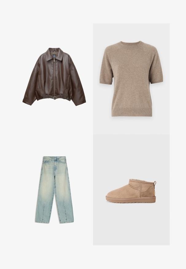 Brun kort jakke i imiteret læder med bred krave, lynlås foran, sidelommer og bælte i taljen. Glat tekstur, afslappet pasform.; Kortærmet sweater i lys beige, lavet af et blødt, tekstureret stof. Har en rund halsudskæring samt ribbenede manchetter og kant. Casual design.; Lyseblå denimjeans med vide ben, forlommer, bæltestropper, knaplukning og diskrete falmede detaljer.; Brune ruskinds ankler støvler med blød indvendig foring, quiltede detaljer og en struktureret gummisål for godt greb. Sløjfe bagpå for nem påtagning.