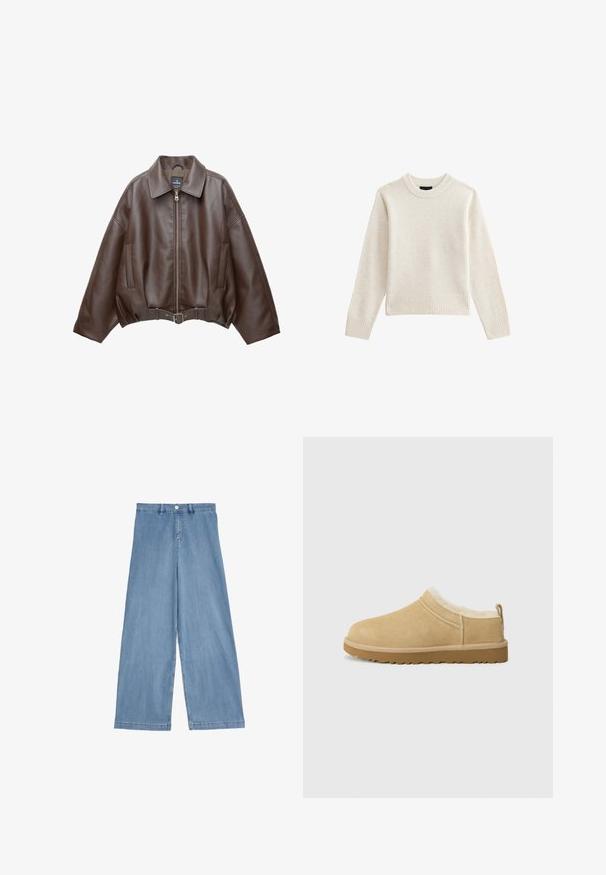 Bruine jack van imitatieleer, kort model, met een brede kraag, ritssluiting aan de voorkant, zijzakken en een tailleband met ceintuur. Gladde textuur, ontspannen pasvorm.; Lichtbeige gebreid sweater met een geribbelde ronde hals en zoom, voorzien van lange mouwen en een ontspannen silhouet. Zachte textuur en minimalistisch ontwerp.; Lichtblauwe wijde denimjeans. Met een hoge taille, voorknopsluiting en recht gesneden benen met een schone zoom.; Suède instap schoenen in licht bruin, met een zachte bontvoering en een gemeleerde rubberen zool met een lichte hak en een trekhaakje aan de achterkant voor gemakkelijk aan- en uittrekken.