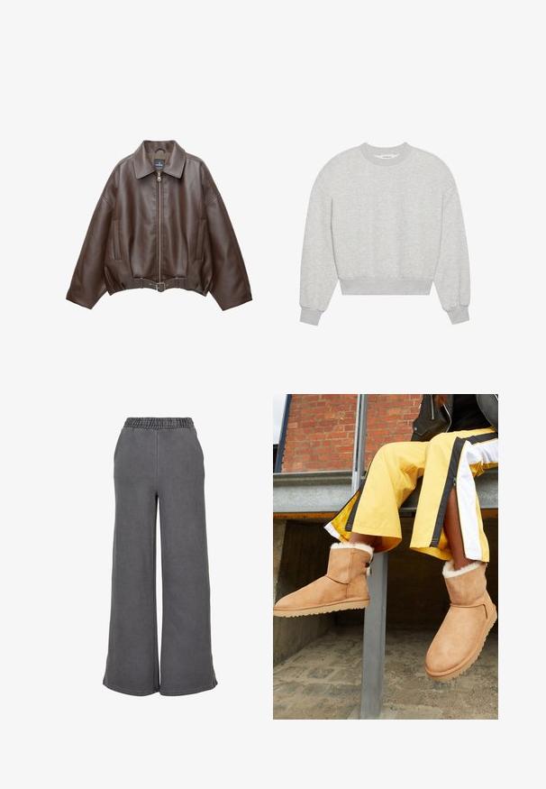 Braune, kurz geschnittene Jacke aus Kunstleder mit weitem Kragen, vorderem Reißverschluss, Seitentaschen und einem Taillengürtel. Glatte Textur, entspannte Passform.; Grauer, verkürzter Sweatshirt mit rundem Ausschnitt, überschnittenen Schultern, langen Ärmeln mit gerippten Bündchen, aus weichem Baumwollmischgewebe, mit minimaler Textur.; Weit geschnittene graue Sweatpants aus weichem Material, mit einem elastischen Bund für zusätzlichen Komfort. Glatte Textur ohne sichtbare Muster oder Akzente.; Hellbraune Wildleder-Stiefeletten mit flauschigem Innenfutter und flachen Gummisohlen, präsentiert neben gelben Sporthosen mit schwarz-weißen Streifen.