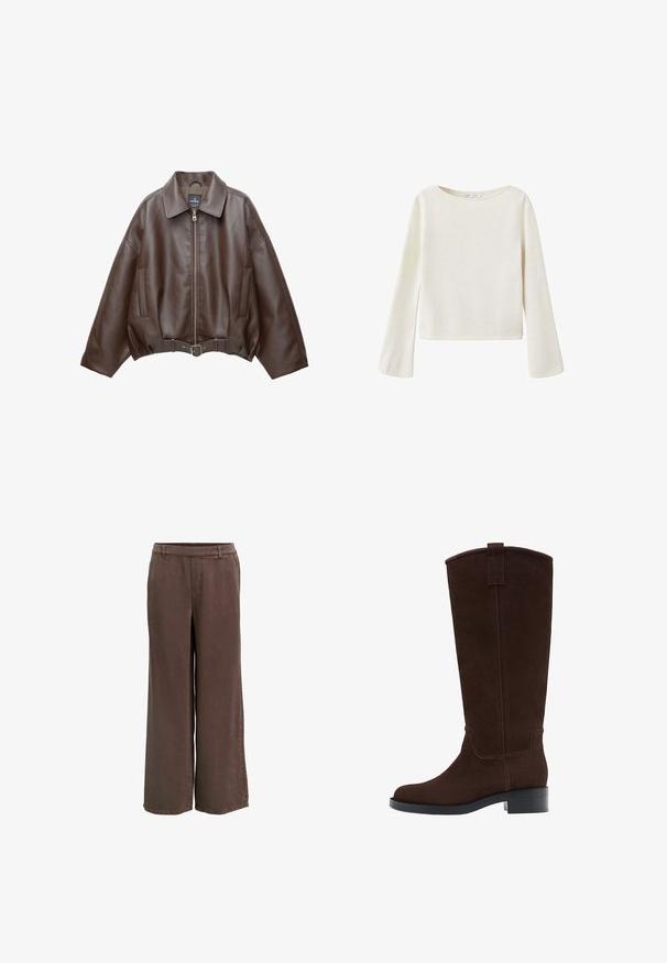 Veste courte en similicuir marron avec un large col, une fermeture éclair frontale, des poches latérales et une taille ceinturée. Texture lisse, coupe décontractée.; Pull blanc cassé à manches longues avec un large col rond et des manches légèrement évasées, fabriqué en tissu en maille douce.; Pantalon marron à jambes larges en tissu doux, avec une taille mi-haute, une fermeture éclair frontale dissimulée, et une texture lisse.; Botte haute en daim marron foncé avec un petit talon empilé et un bout arrondi, équipée d'une lanière au sommet de la tige.