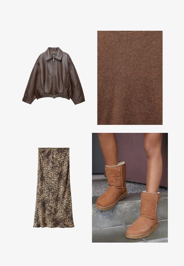 Veste courte en similicuir marron avec un large col, une fermeture éclair frontale, des poches latérales et une taille ceinturée. Texture lisse, coupe décontractée.; Pull marron en laine tricotée avec encolure ras du cou côtelée et tissu à texture douce.; Jupe midi à imprimé léopard en tissu doux, présentant un mélange de tons marron et beige. Design simple avec une silhouette fluide.; Bottines en suede marron, à bout rond, avec une doublure douce et une semelle en caoutchouc, présentant des détails de couture visibles le long des coutures.