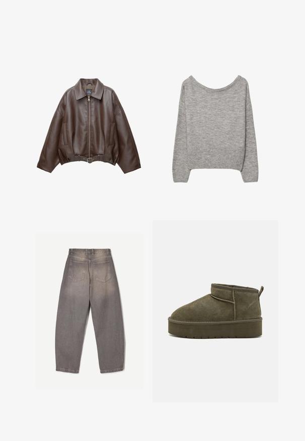 Brun kort jakke i imiteret læder med bred krave, lynlås foran, sidelommer og bælte i taljen. Glat tekstur, afslappet pasform.; Grå, cropped sweater i en blød strik. Har en bred halsudskæring, ribbede manchetter og kant. Enkel design uden mønstre eller pynt.; Grå denim-jeans vist bagfra med to baglommer, bæltestropper og et let tilspidset ben-design.; Olivengrøn ruskind ankelstøvler med rund tå, syninger og en tykkere sål med struktureret mønster. Lille trækflap bagpå.