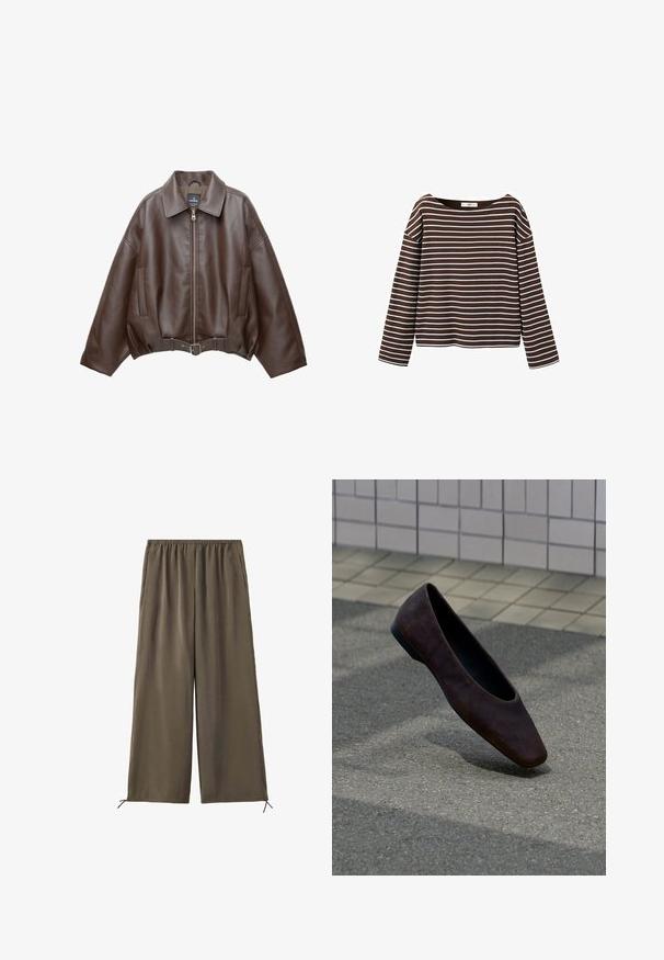 Veste courte en similicuir marron avec un large col, une fermeture éclair frontale, des poches latérales et une taille ceinturée. Texture lisse, coupe décontractée.; Chemise marron à manches longues avec des rayures horizontales blanches et un large col rond, présentée sur un fond blanc.; Pantalon vert olive ample avec taille élastique et cordons au bas, présenté à plat sur fond blanc.; Chaussure plate marron foncé unique flottant au-dessus d'un sol texturé avec un mur carrelé en arrière-plan.