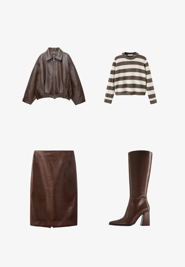 Veste courte en similicuir marron avec un large col, une fermeture éclair frontale, des poches latérales et une taille ceinturée. Texture lisse, coupe décontractée.; Pull-over rayé crème et marron foncé. Col rond côtelé, manches longues et ourlet court. Texture douce avec une coupe décontractée.; Jupe crayon en cuir synthétique marron foncé façon crocodile avec une petite fente avant à l'ourlet, longueur genou, sans fermetures apparentes ni ornements.; Botte en cuir marron montant jusqu'au genou, avec bout pointu et talon épais de hauteur moyenne, vue de profil sur fond blanc.